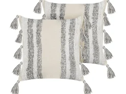 Dekokissen Streifenmuster Baumwolle Beige / Grau Getuftet 45 X 45 Cm 2Er Set Heliconia