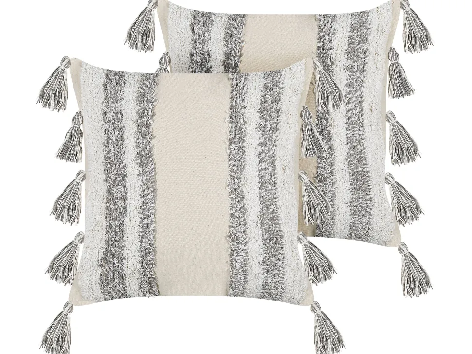 Dekokissen Streifenmuster Baumwolle Beige / Grau Getuftet 45 X 45 Cm 2Er Set Heliconia
