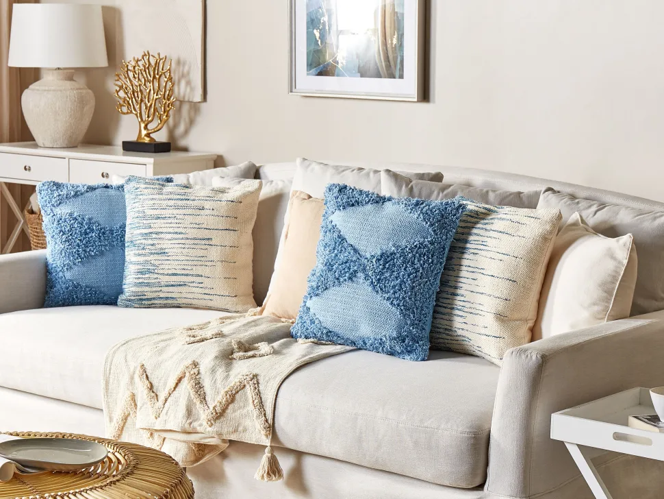 Dekokissen Streifenmuster Baumwolle Beige/Blau 45 X 45 Cm Rivina