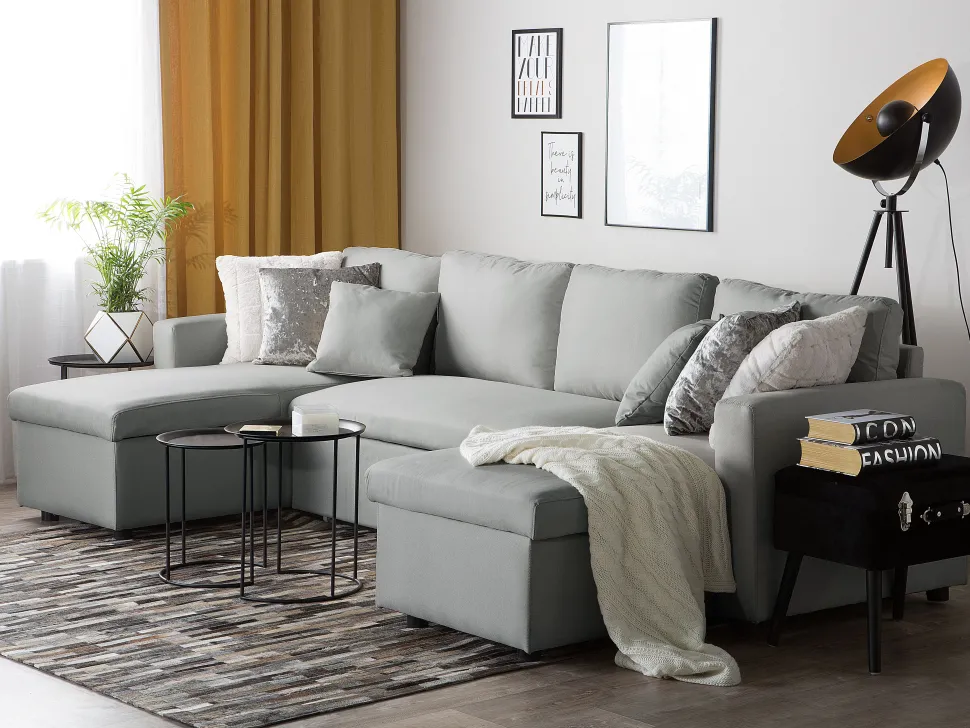 Fabric Corner Sofa Bed With Storage Light Grey Sommen