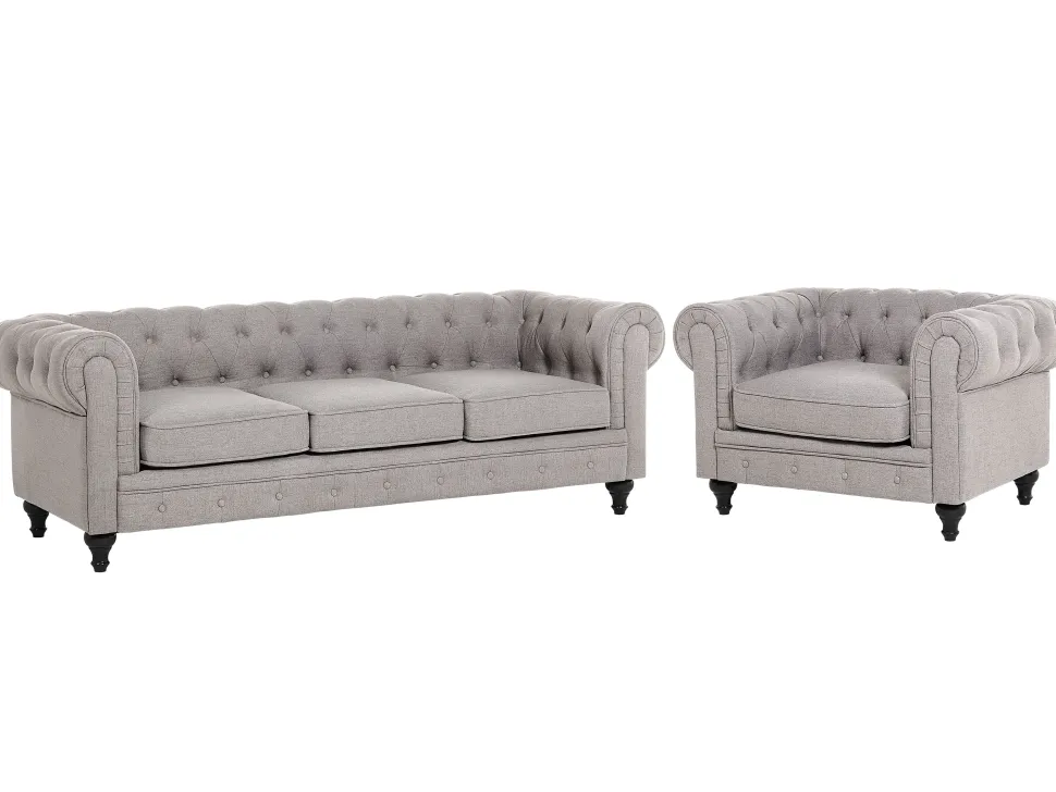 Fabric Living Room Set Light Grey Chesterfield
