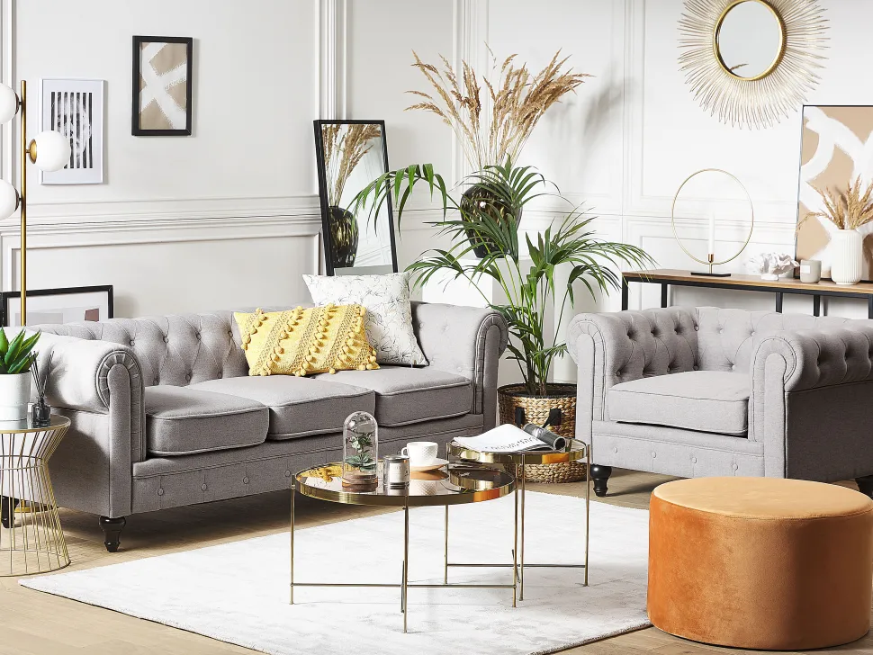 Fabric Living Room Set Light Grey Chesterfield