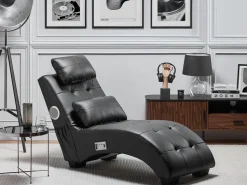 Faux Leather Chaise Lounge With Bluetooth Speaker Usb Port Black Simorre