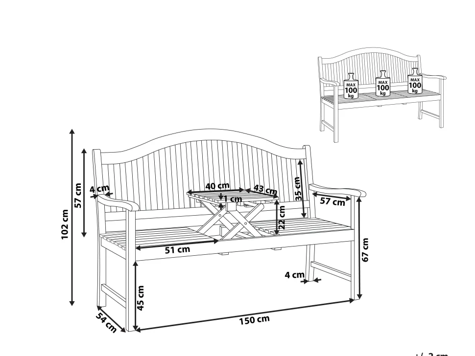Gartenbank Akazienholz Hellbraun 150 Cm Aufklappbarer Abstelltisch Hilo