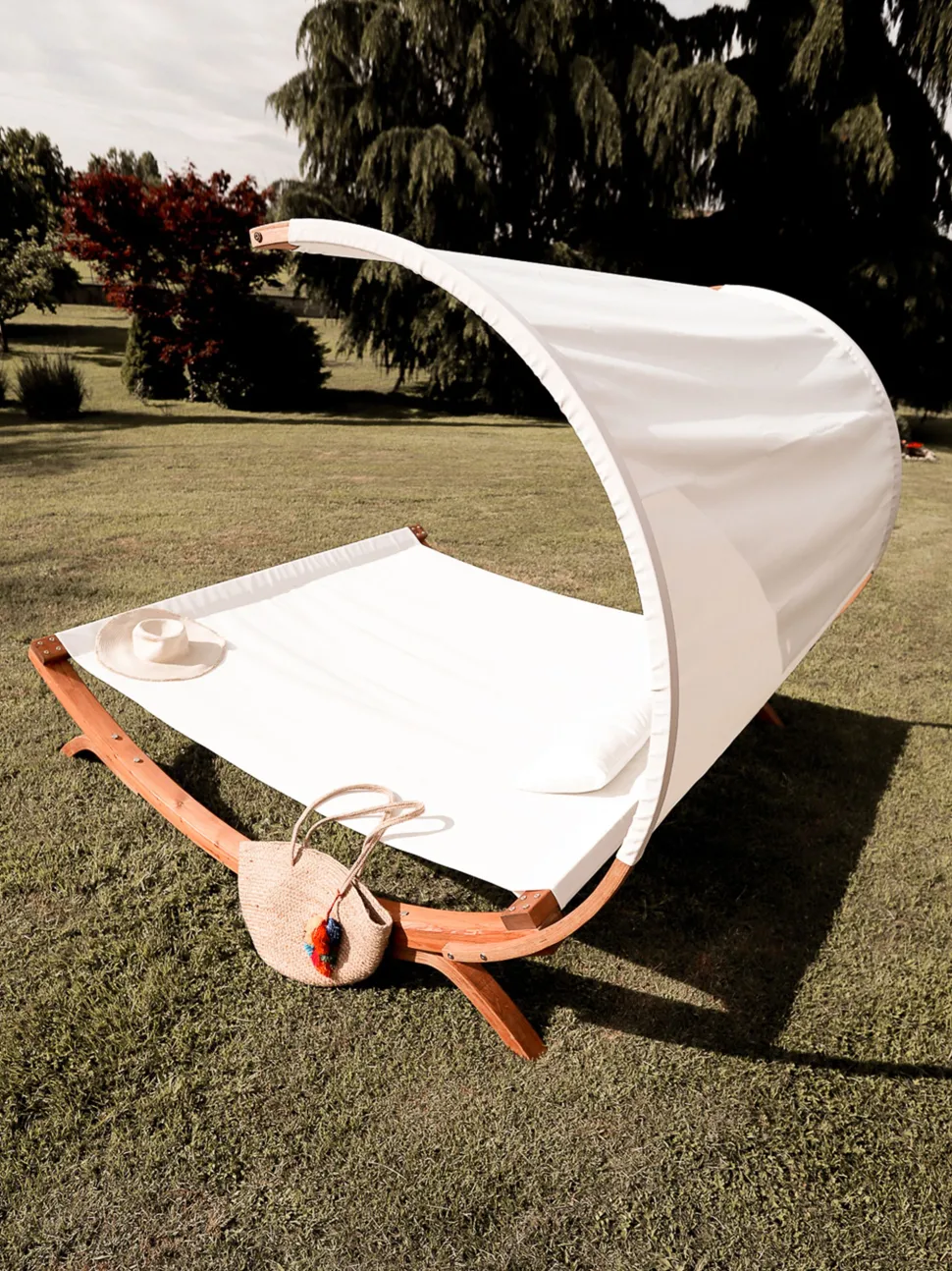 Gartenliege 2 Personen Larchenholz Dunkelbraun Sonnendach Cremeweis Teramo