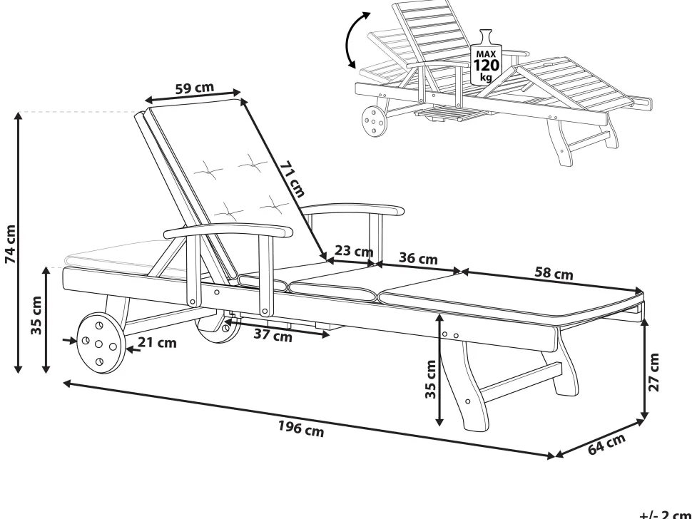 Gartenliege Akazienholz Dunkelbraun Auflage Grau-Beige Rollbar Toscana