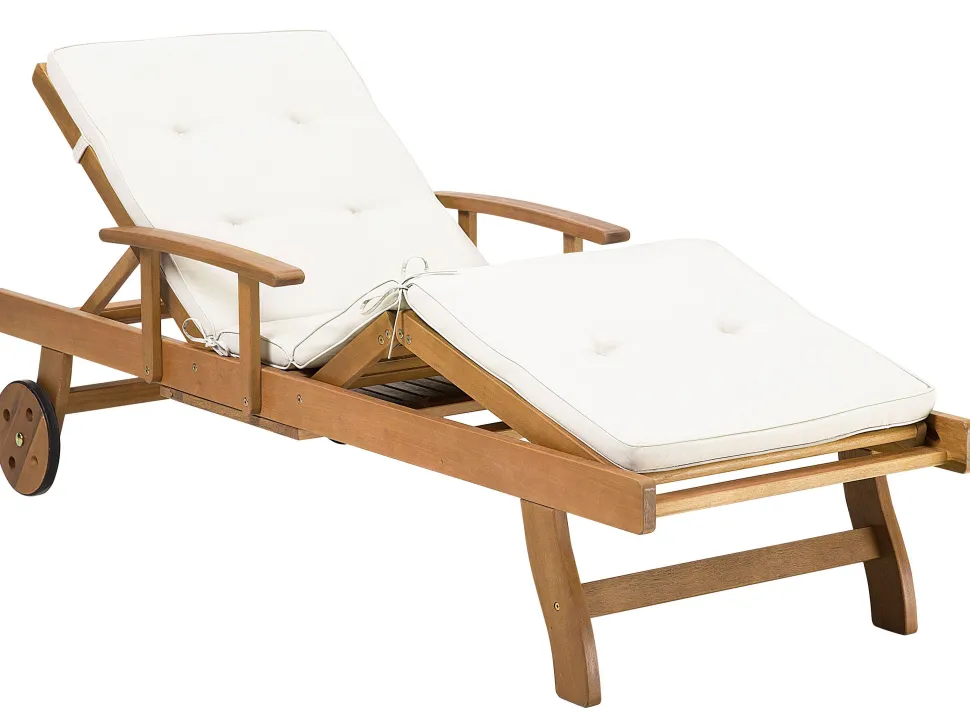 Gartenliege Akazienholz Hellbraun Auflage Cremeweis Rollbar Java