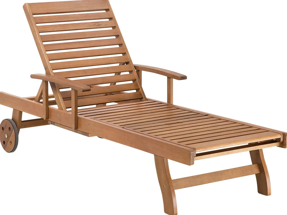 Gartenliege Akazienholz Hellbraun Auflage Dunkelblau-Beige Gestreift Rollbar Java