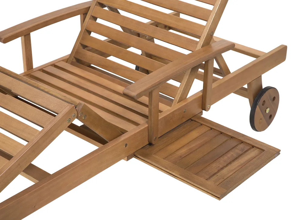 Gartenliege Akazienholz Hellbraun Auflage Dunkelblau-Beige Gestreift Rollbar Java