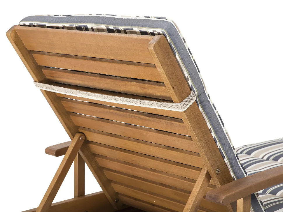 Gartenliege Akazienholz Hellbraun Auflage Dunkelblau-Beige Gestreift Rollbar Java