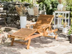 Gartenliege Akazienholz Hellbraun Auflage Dunkelblau-Beige Gestreift Rollbar Java