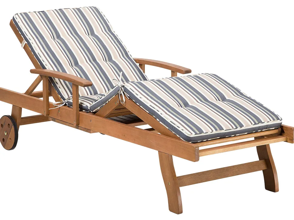 Gartenliege Akazienholz Hellbraun Auflage Dunkelblau-Beige Gestreift Rollbar Java