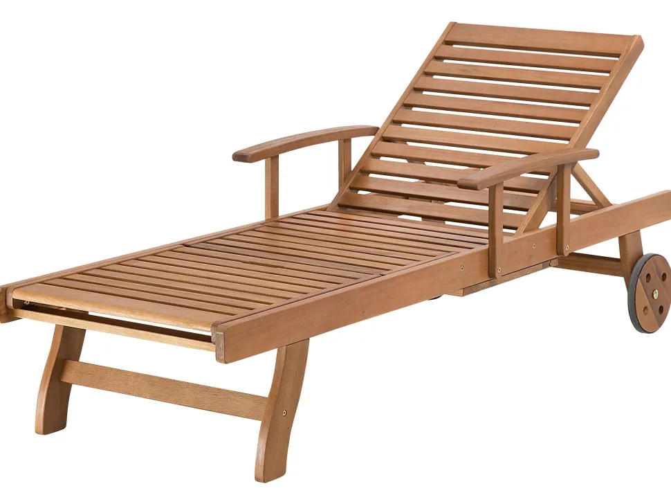 Gartenliege Akazienholz Hellbraun Auflage Dunkelblau-Beige Gestreift Rollbar Java