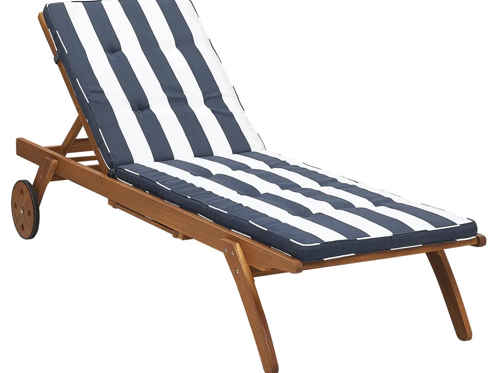 Gartenliege Akazienholz Hellbraun Auflage Marineblau Gestreift Rollbar Cesana