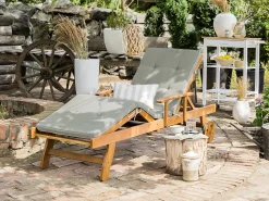 Gartenliege Akazienholz Hellbraun Auflage Grau-Beige Rollbar Java