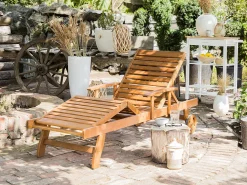 Gartenliege Akazienholz Hellbraun Auflage Grau-Beige Rollbar Java