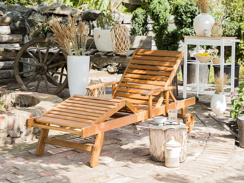 Gartenliege Akazienholz Hellbraun Auflage Grau-Beige Rollbar Java