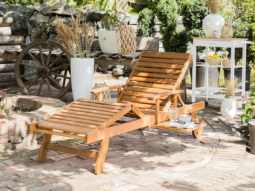 Gartenliege Akazienholz Hellbraun Auflage Grau-Beige Rollbar Java