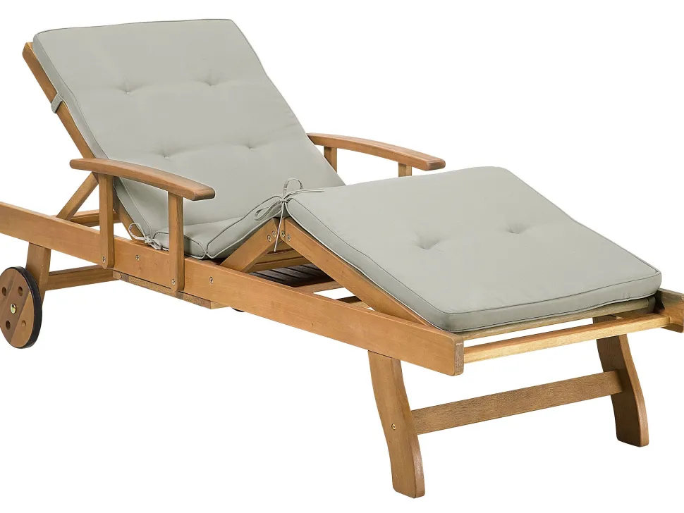 Gartenliege Akazienholz Hellbraun Auflage Grau-Beige Rollbar Java