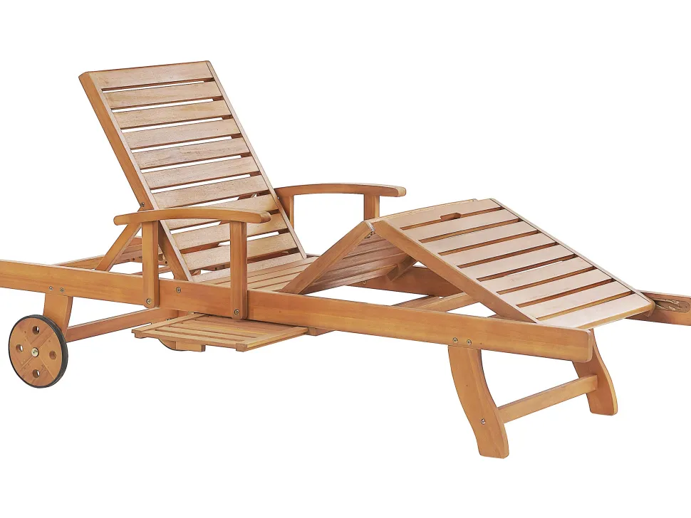 Gartenliege Akazienholz Hellbraun Auflage Grau-Beige Rollbar Java