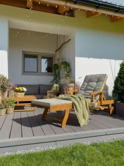 Gartenliege Akazienholz Hellbraun Auflage Grau-Beige Rollbar Java