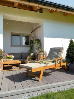 Gartenliege Akazienholz Hellbraun Auflage Grau-Beige Rollbar Java