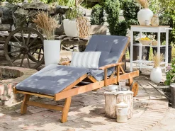 Gartenliege Akazienholz Hellbraun Auflage Blau Rollbar Java
