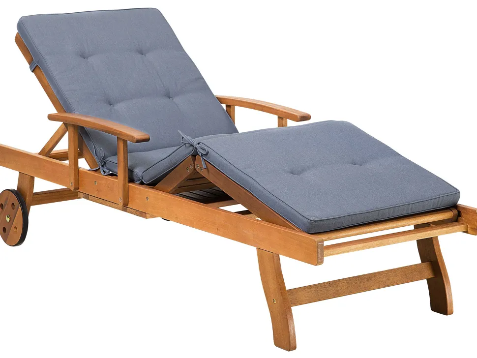 Gartenliege Akazienholz Hellbraun Auflage Blau Rollbar Java