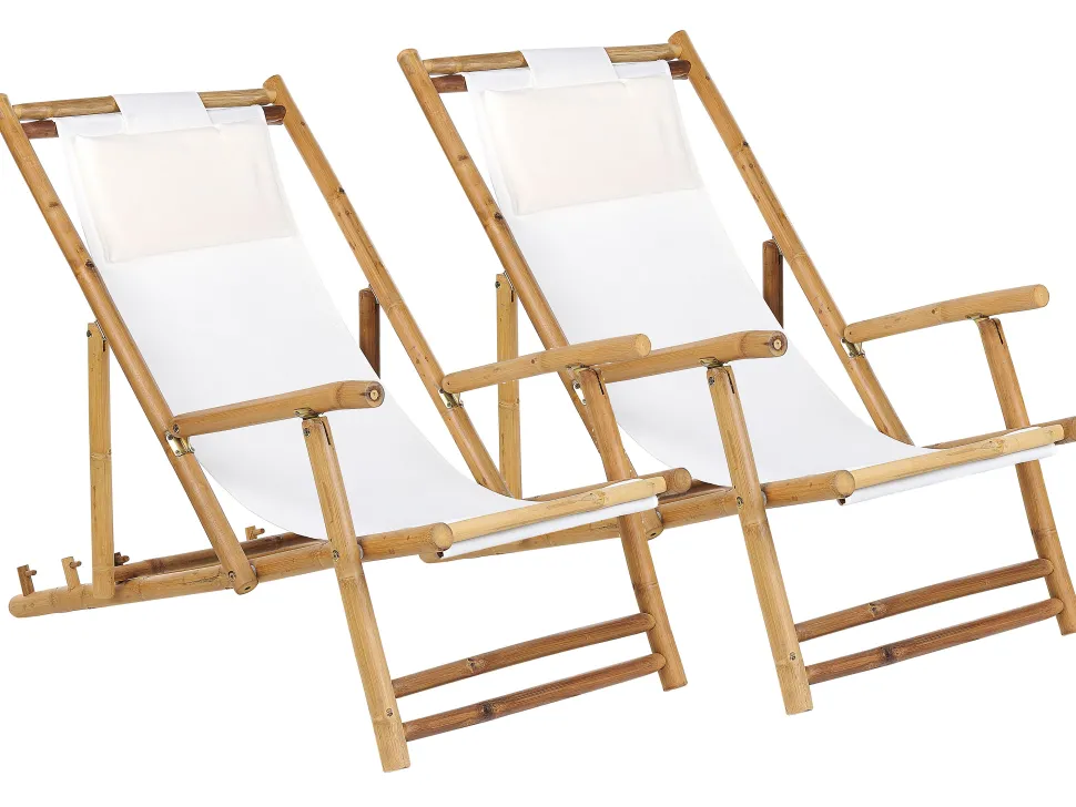 Gartenliege Bambusholz Hellbraun Textil Beige 2Er Set Atrani