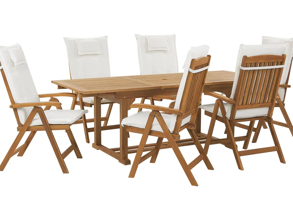 Gartenmöbel Set Akazienholz 6-Sitzer Rechteckig Auflagen Cremeweis Java