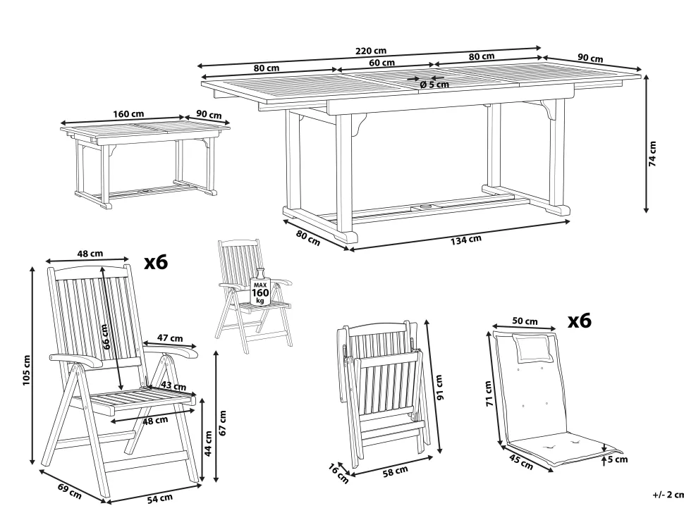 Gartenmöbel Set Akazienholz 6-Sitzer Rechteckig Auflagen Cremeweis Java