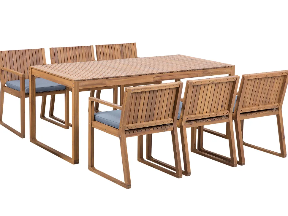 Gartenmöbel Set Akazienholz Hellbraun 6-Sitzer Auflagen Blau Sassari