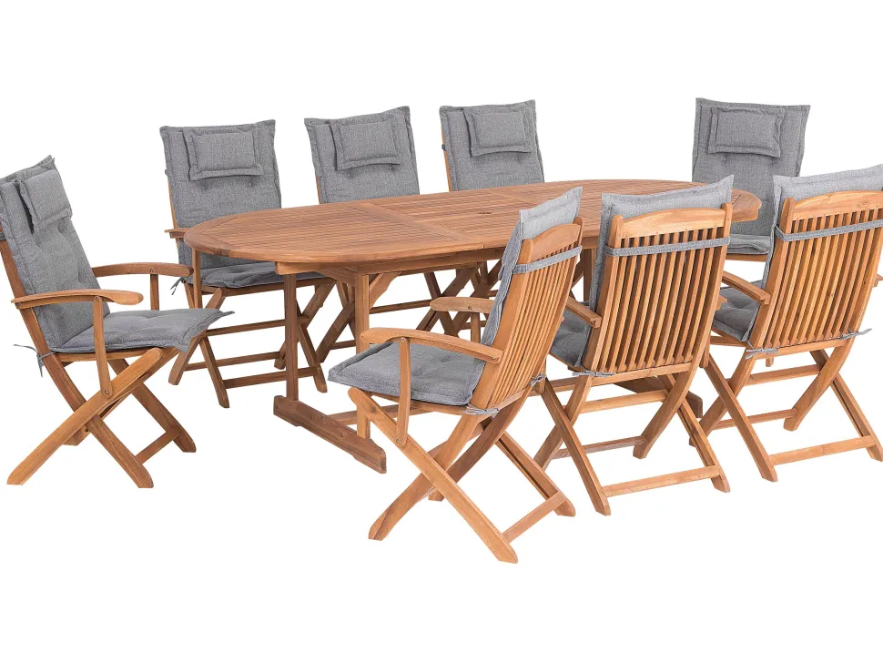 Gartenmöbel Set Akazienholz Hellbraun 8-Sitzer Auflagen Grau Maui