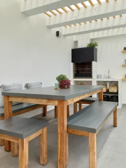 Gartenmöbel Set Beton / Akazienholz Grau 8-Sitzer 2 Banke 2 Hocker Ostuni