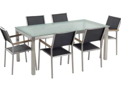 Gartenmöbel Set Crashglas 180 X 90 Cm 6Sitzer Stühle Textilbespannung Schwarz Grosseto