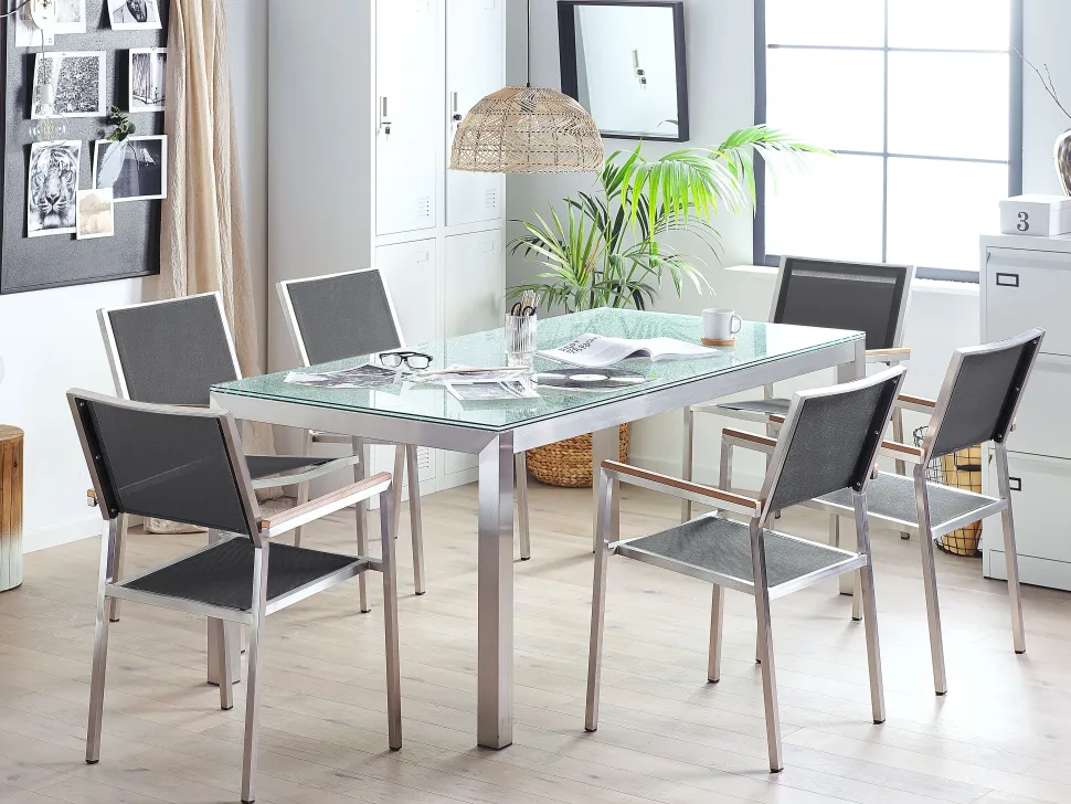 Gartenmöbel Set Crashglas 180 X 90 Cm 6Sitzer Stühle Textilbespannung Schwarz Grosseto