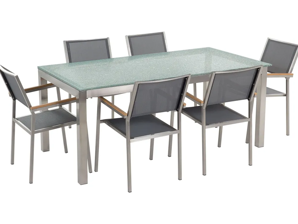 Gartenmöbel Set Crashglas 180 X 90 Cm 6Sitzer Stühle Textilbespannung Grau Grosseto