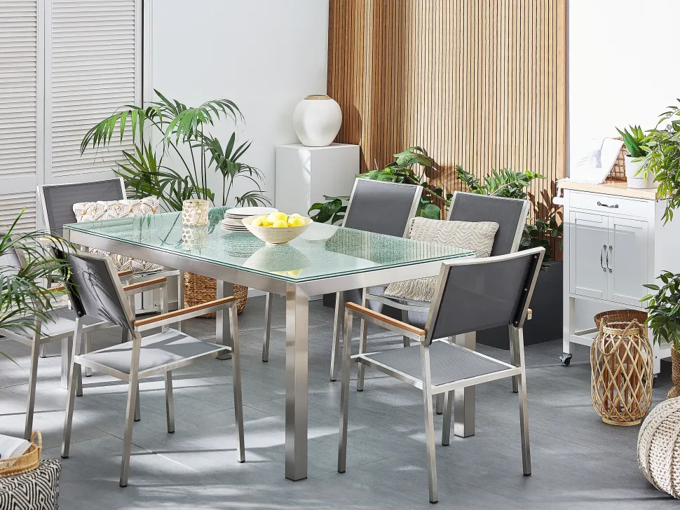 Gartenmöbel Set Crashglas 180 X 90 Cm 6Sitzer Stühle Textilbespannung Grau Grosseto