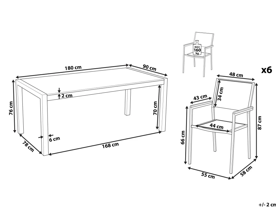 Gartenmöbel Set Crashglas 180 X 90 Cm 6Sitzer Stühle Textilbespannung Grau Grosseto