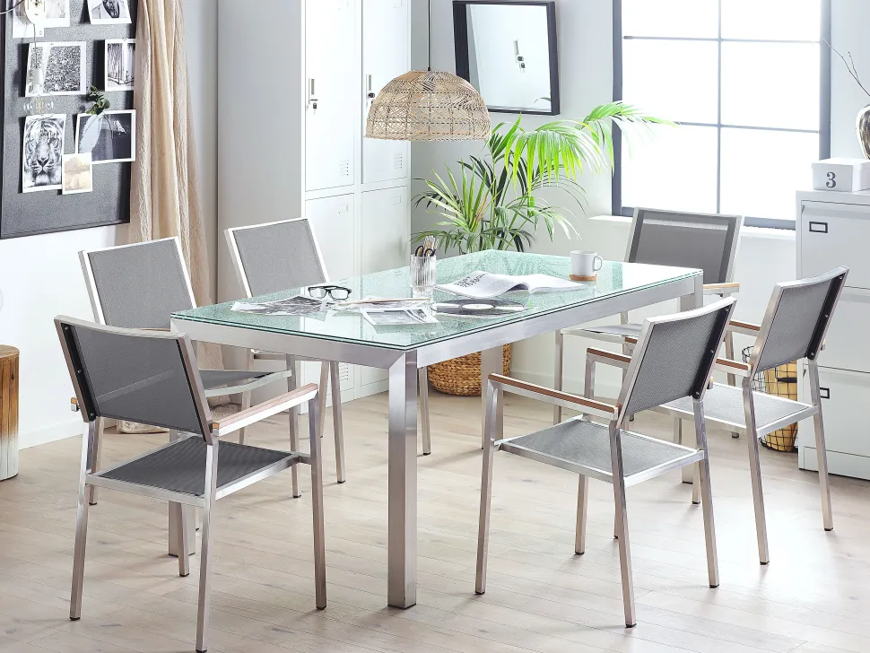 Gartenmöbel Set Crashglas 180 X 90 Cm 6Sitzer Stühle Textilbespannung Grau Grosseto