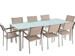 Gartenmöbel Set Crashglas 220 X 100 Cm 8-Sitzer Stühle Textilbespannung Beige Grosseto