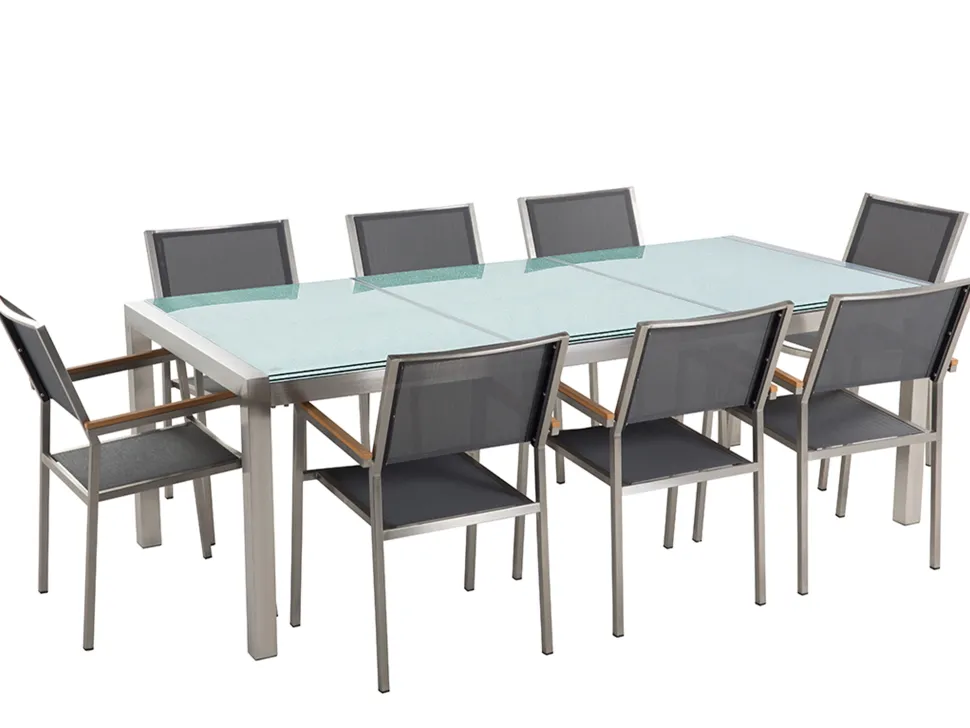 Gartenmöbel Set Crashglas 220 X 100 Cm 8-Sitzer Stühle Textilbespannung Grau Grosseto