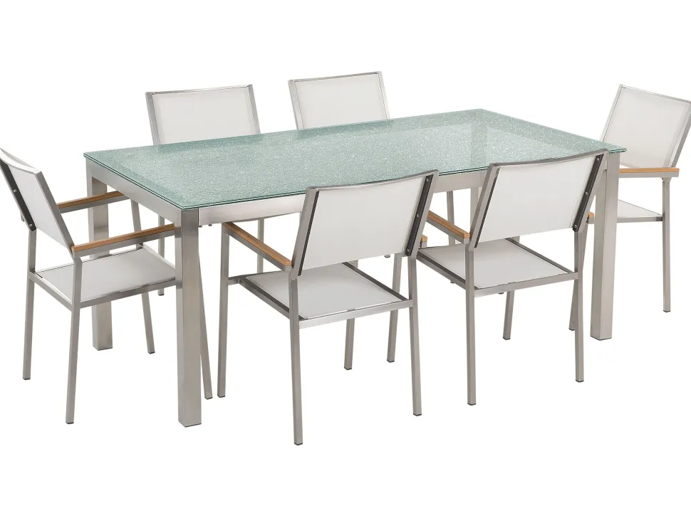 Gartenmöbel Set Crashglas 180 X 90 Cm 6Sitzer Stühle Textilbespannung Weis Grosseto