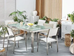 Gartenmöbel Set Crashglas 180 X 90 Cm 6Sitzer Stühle Textilbespannung Weis Grosseto