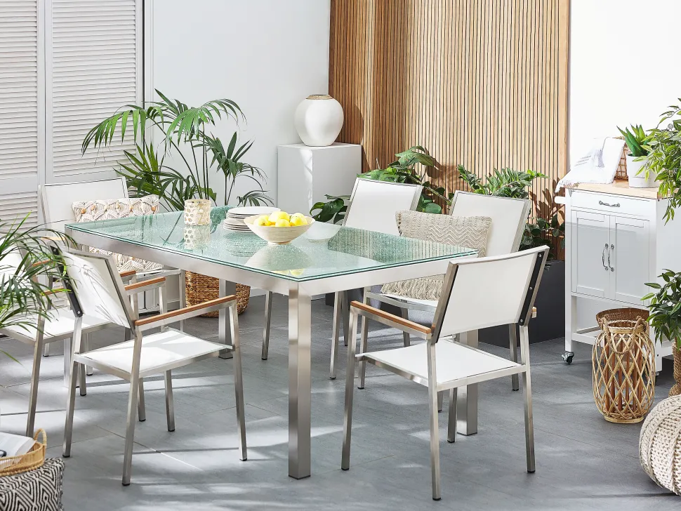 Gartenmöbel Set Crashglas 180 X 90 Cm 6Sitzer Stühle Textilbespannung Weis Grosseto