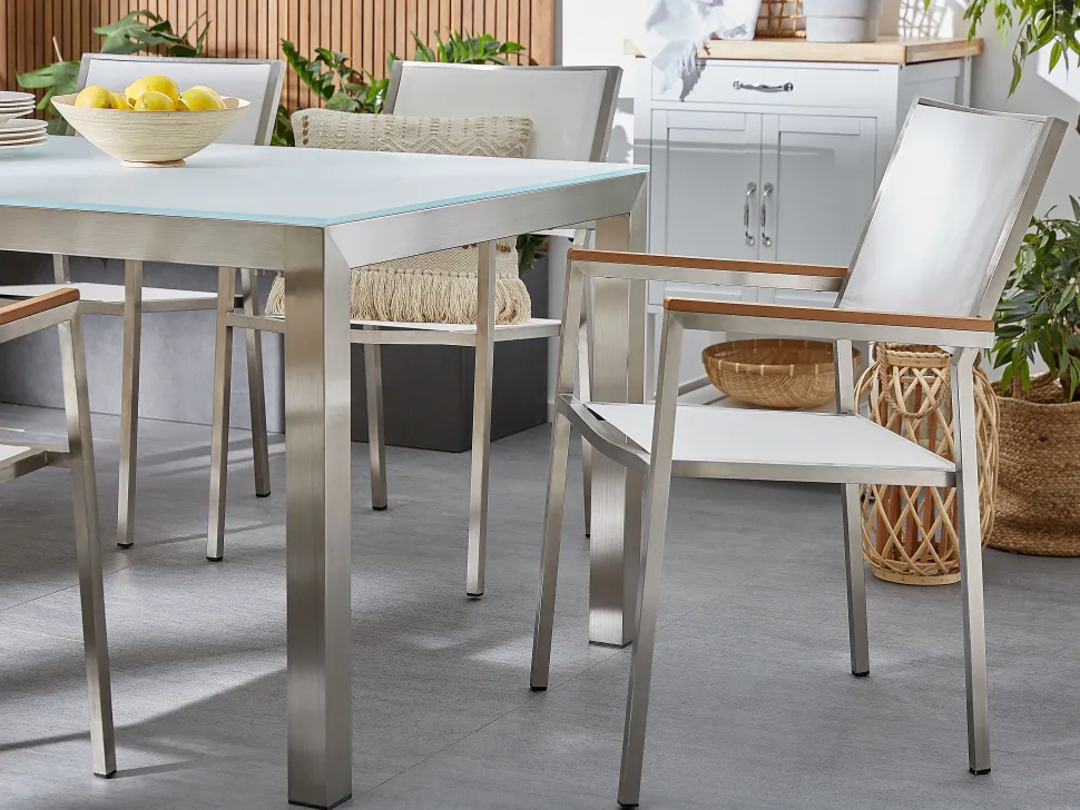 Gartenmöbel Set Crashglas 180 X 90 Cm 6Sitzer Stühle Textilbespannung Weis Grosseto