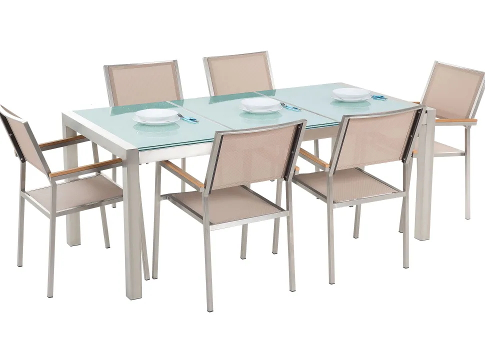Gartenmöbel Set Crashglas 180 X 90 Cm 6-Sitzer Stühle Textilbespannung Beige Grosseto