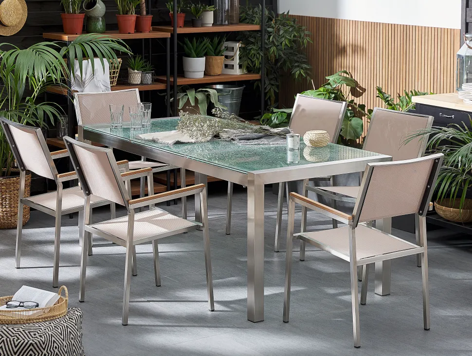 Gartenmöbel Set Crashglas 180 X 90 Cm 6-Sitzer Stühle Textilbespannung Beige Grosseto