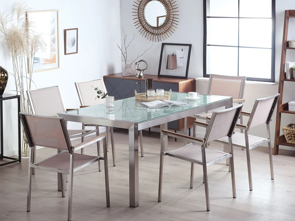 Gartenmöbel Set Crashglas 180 X 90 Cm 6-Sitzer Stühle Textilbespannung Beige Grosseto