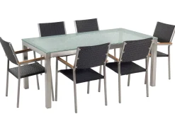 Gartenmöbel Set Crashglas 180 X 90 Cm 6-Sitzer Stühle Rattan Schwarz Grosseto
